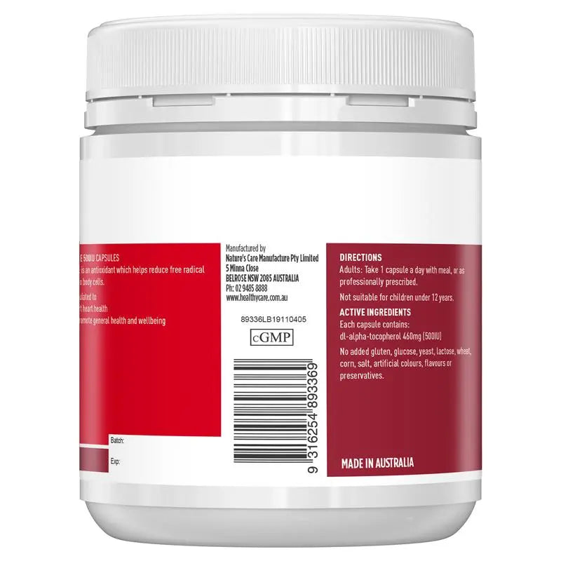 Healthy Care 維他命E膠囊 500IU 200粒
